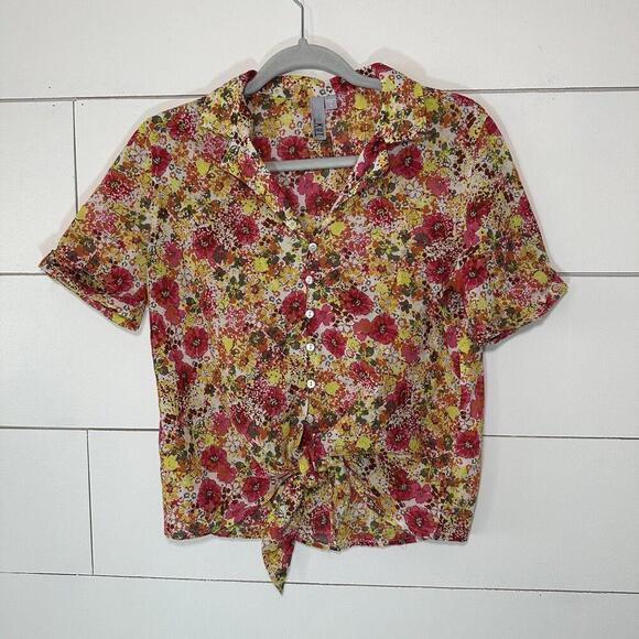 Kut From The Kloth Top Blouse Floral Front Tie Pink Orange Collared Small Cotton - Picture 2 of 5